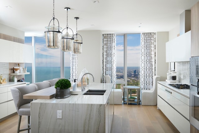 363 E Wacker Dr Unit 6106, Chicago, IL 60601 - kitchen with modern cabinets, a sink, light wood-style floors, and a wall of windows