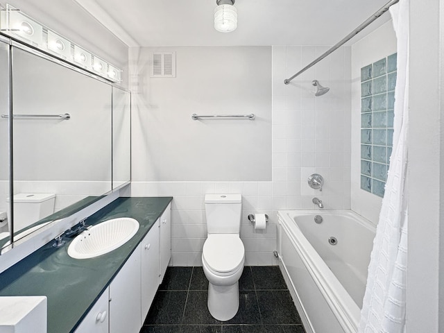 505 N Lake Shore Dr Unit 4105, Chicago, IL 60611 - full bathroom featuring tile patterned flooring, shower / bathtub combination with curtain, toilet, vanity, and tile walls