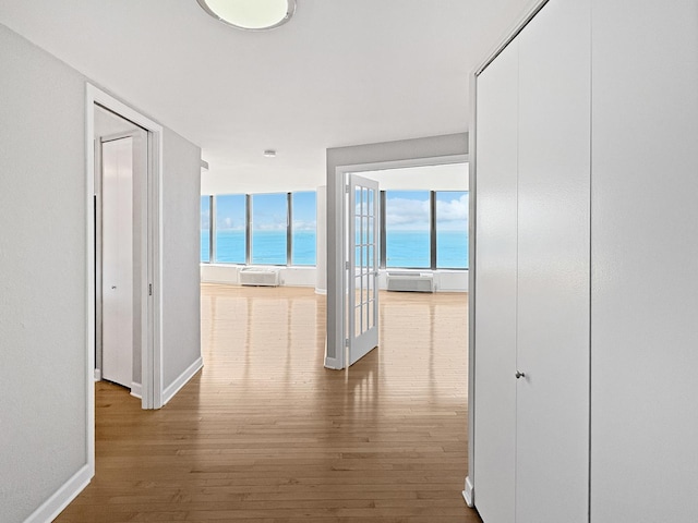 505 N Lake Shore Dr Unit 4105, Chicago, IL 60611 - hallway with wood-type flooring, a water view, baseboards, and a wall unit AC