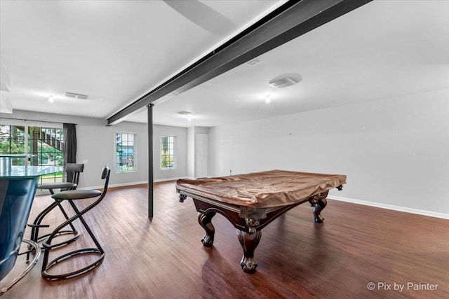 18104 Lake Shore Dr, Orland Park, IL 60467 - rec room featuring baseboards, wood finished floors, beamed ceiling, and billiards table