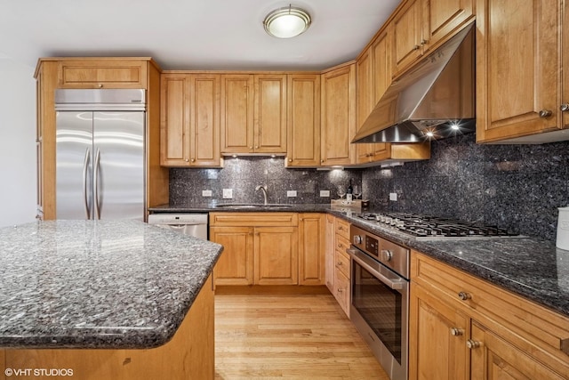 3305 Old Glenview Rd Unit A, Wilmette, IL 60091 - kitchen with appliances with stainless steel finishes, under cabinet range hood, a sink, light wood-style floors, and dark stone countertops