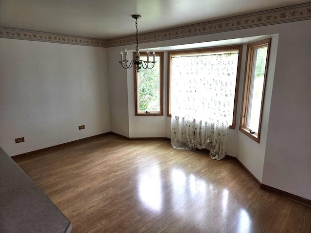 1988 S Chana Rd, Chana, IL 61015 - unfurnished dining area featuring a chandelier, light wood finished floors, and baseboards