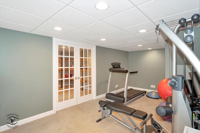 616 E Hillside Ave, Barrington, IL 60010 - workout room featuring french doors, recessed lighting, carpet flooring, and a drop ceiling