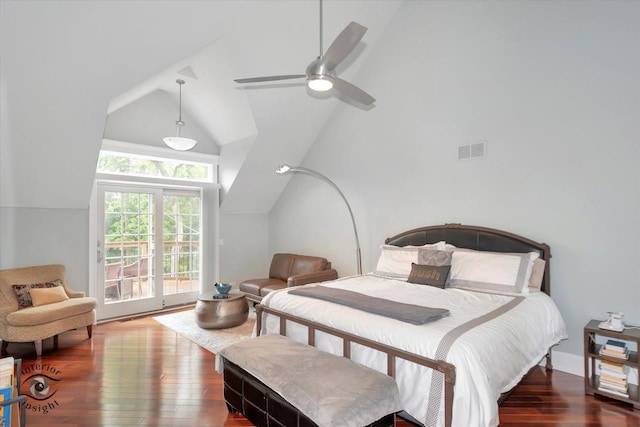 616 E Hillside Ave, Barrington, IL 60010 - bedroom with wood finished floors, access to exterior, high vaulted ceiling, and a ceiling fan