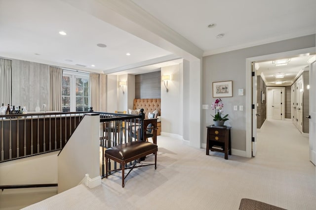 bar area featuring carpet flooring, baseboards, and recessed lighting