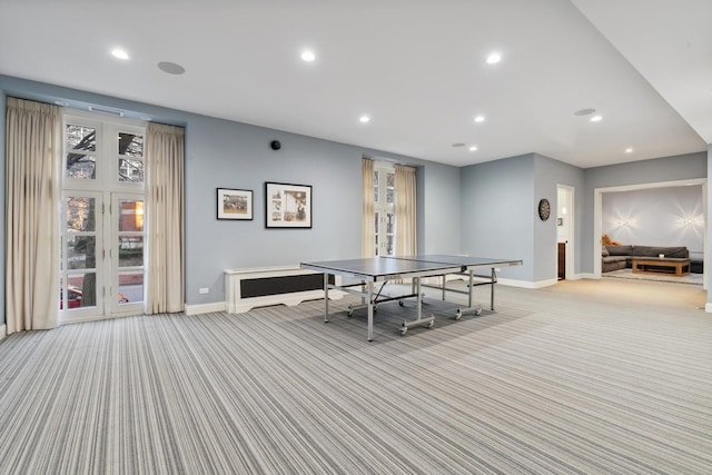 playroom with carpet floors, baseboards, recessed lighting, and plenty of natural light