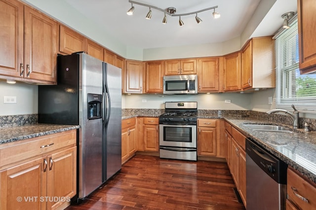 12809 W Meadowview Ln, Homer Glen, IL 60491 - kitchen with appliances with stainless steel finishes, a sink, dark wood-style floors, and dark stone countertops