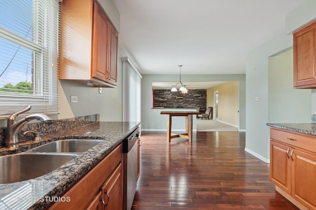 12809 W Meadowview Ln, Homer Glen, IL 60491 - kitchen with a sink, dishwasher, dark wood-style flooring, dark stone countertops, and a chandelier