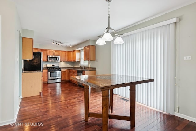 12809 W Meadowview Ln, Homer Glen, IL 60491 - kitchen featuring stainless steel appliances, a sink, dark wood-style flooring, decorative light fixtures, and baseboards