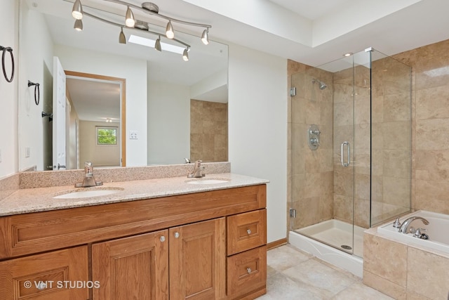12809 W Meadowview Ln, Homer Glen, IL 60491 - bathroom featuring double vanity, a shower stall, a bath, and tile patterned floors