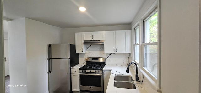 307 Bevier Pl, Aurora, IL 60505 - kitchen with stainless steel appliances, under cabinet range hood, a sink, white cabinetry, and light stone counters