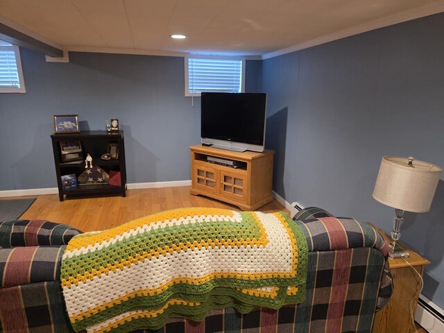 3728 216th St, Matteson, IL 60443 - living area featuring a baseboard radiator, wood finished floors, recessed lighting, healthy amount of natural light, and baseboards