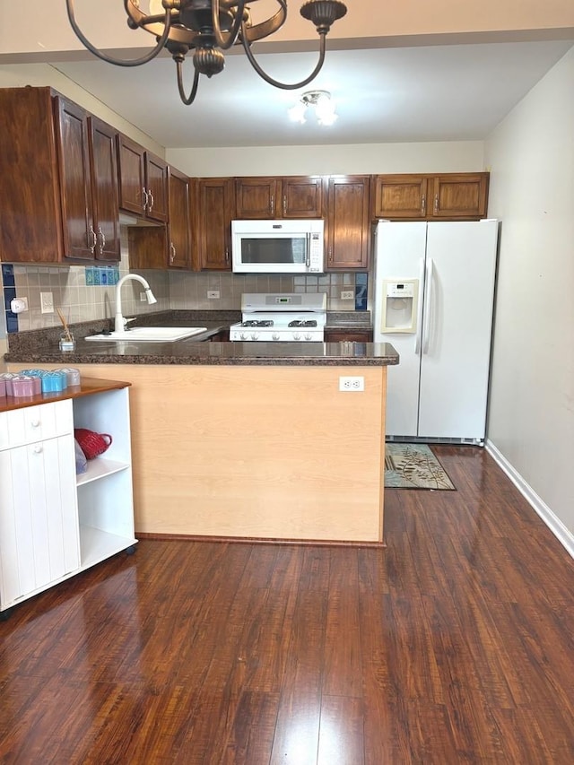 1127 N Red Oak Cir Unit 2, Round Lake Beach, IL 60073 - kitchen with white appliances, a sink, backsplash, a peninsula, and a chandelier