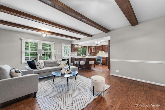 570 E Carpenter Dr, Palatine, IL 60074 - living room with dark wood-style flooring and beamed ceiling