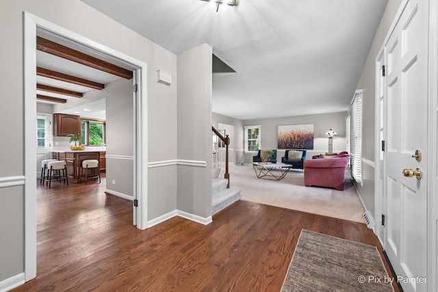 570 E Carpenter Dr, Palatine, IL 60074 - entryway featuring stairway, dark wood-style flooring, healthy amount of natural light, and beamed ceiling