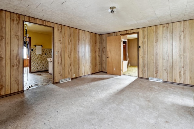 empty room with wooden walls, carpet flooring, and baseboards