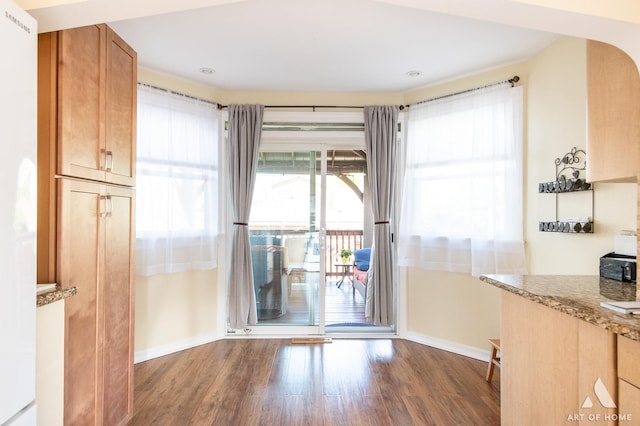 unfurnished dining area featuring baseboards and dark wood-style floors
