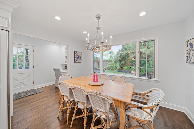 1305 Sleepy Hollow Rd, Glenview, IL 60025 - dining area featuring baseboards, a chandelier, dark wood-style floors, and recessed lighting