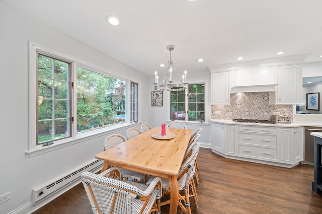 1305 Sleepy Hollow Rd, Glenview, IL 60025 - dining space featuring a chandelier, dark wood-type flooring, recessed lighting, and a baseboard radiator