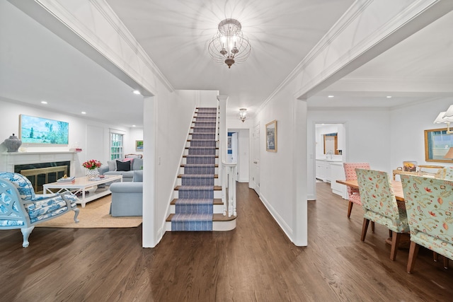 1305 Sleepy Hollow Rd, Glenview, IL 60025 - foyer with wood finished floors, stairway, a chandelier, ornamental molding, and baseboards