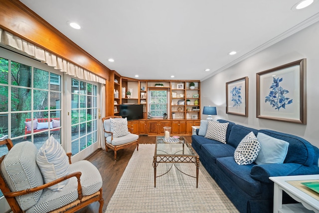 1305 Sleepy Hollow Rd, Glenview, IL 60025 - living area featuring dark wood-style floors, ornamental molding, recessed lighting, and built in features