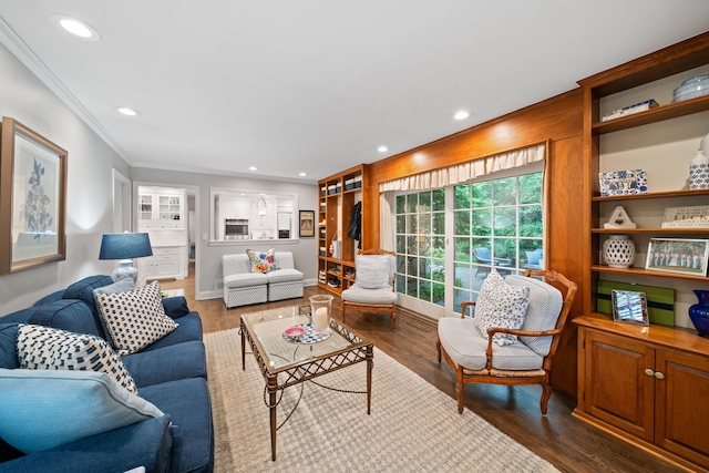 1305 Sleepy Hollow Rd, Glenview, IL 60025 - living area with crown molding, wood finished floors, recessed lighting, and baseboards