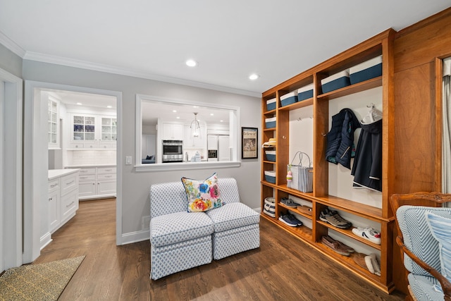 1305 Sleepy Hollow Rd, Glenview, IL 60025 - mudroom featuring crown molding, dark wood-type flooring, recessed lighting, and baseboards