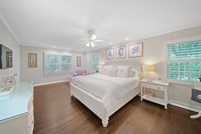1305 Sleepy Hollow Rd, Glenview, IL 60025 - bedroom featuring a baseboard heating unit, crown molding, dark wood finished floors, baseboards, and recessed lighting