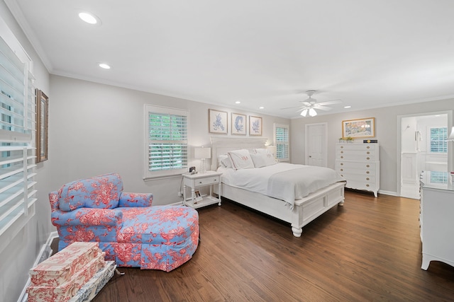 1305 Sleepy Hollow Rd, Glenview, IL 60025 - bedroom with dark wood-type flooring, multiple windows, recessed lighting, crown molding, and ceiling fan