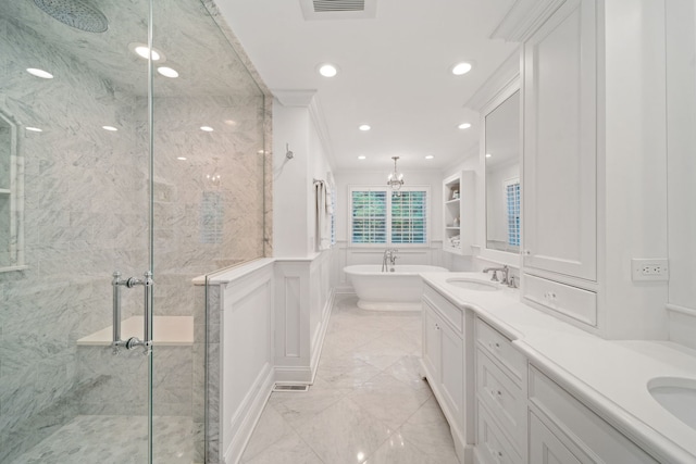 1305 Sleepy Hollow Rd, Glenview, IL 60025 - bathroom with marble finish floors, a marble finish shower, double vanity, a soaking tub, and a decorative wall