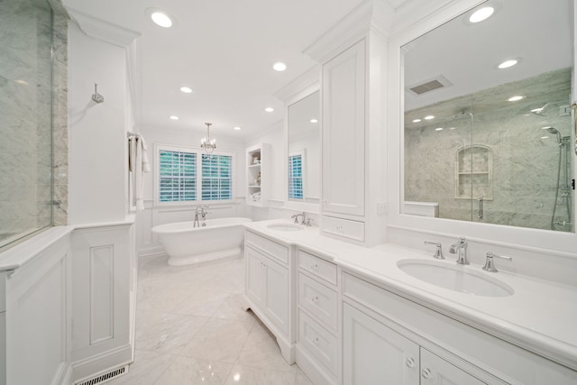 1305 Sleepy Hollow Rd, Glenview, IL 60025 - bathroom with a marble finish shower, a soaking tub, double vanity, recessed lighting, and a chandelier