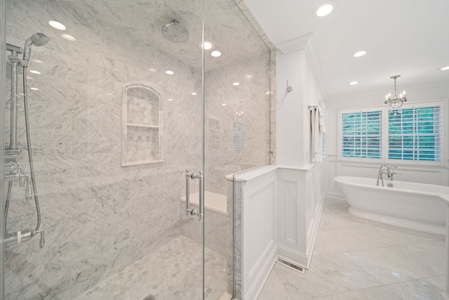 1305 Sleepy Hollow Rd, Glenview, IL 60025 - full bath featuring crown molding, a marble finish shower, marble tiled floors, a soaking tub, and a decorative wall
