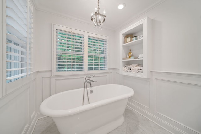 1305 Sleepy Hollow Rd, Glenview, IL 60025 - full bathroom featuring a decorative wall, a freestanding tub, a chandelier, ornamental molding, and a wainscoted wall