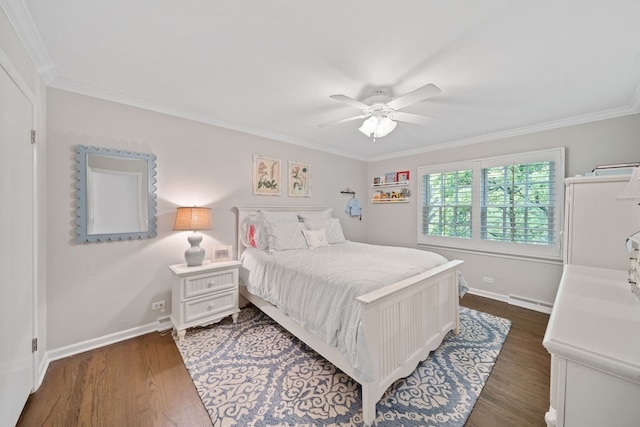 1305 Sleepy Hollow Rd, Glenview, IL 60025 - bedroom featuring baseboard heating, wood finished floors, crown molding, baseboards, and ceiling fan