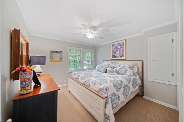 1305 Sleepy Hollow Rd, Glenview, IL 60025 - bedroom with light colored carpet, ornamental molding, baseboards, and a ceiling fan