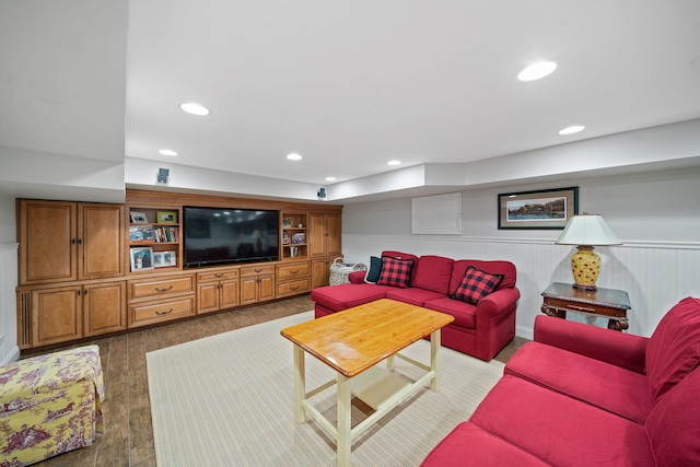 1305 Sleepy Hollow Rd, Glenview, IL 60025 - living area featuring a wainscoted wall, wood finished floors, and recessed lighting