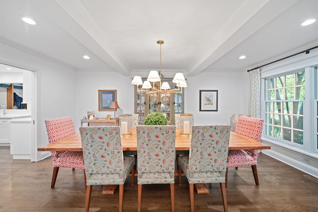1305 Sleepy Hollow Rd, Glenview, IL 60025 - dining area featuring ornamental molding, a chandelier, wood finished floors, beamed ceiling, and recessed lighting