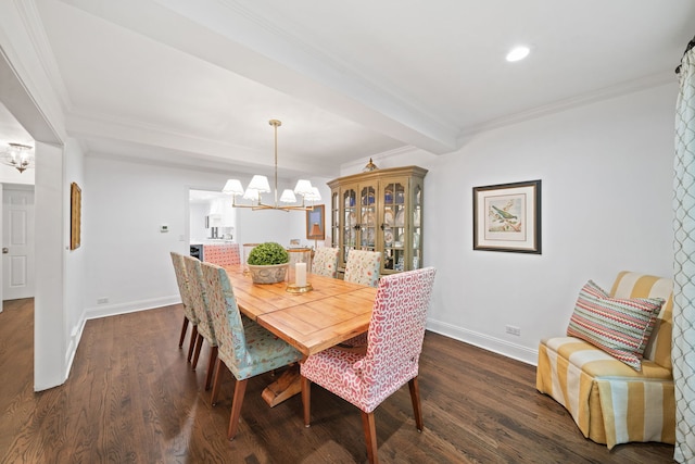 1305 Sleepy Hollow Rd, Glenview, IL 60025 - dining area with a chandelier, crown molding, baseboards, dark wood finished floors, and recessed lighting