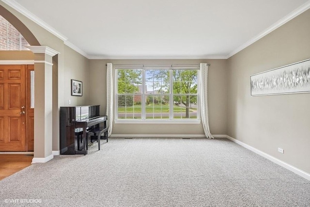 218 Bridle Path Ln, Fox River Grove, IL 60021 - sitting room featuring carpet floors, arched walkways, ornate columns, ornamental molding, and baseboards