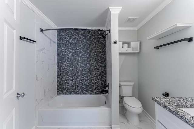 bathroom with toilet, ornamental molding, marble look tile flooring, vanity, and baseboards
