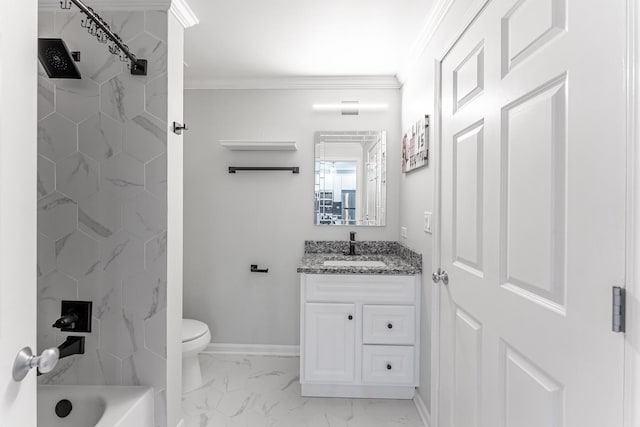 full bathroom with marble finish flooring, toilet, ornamental molding, baseboards, and vanity