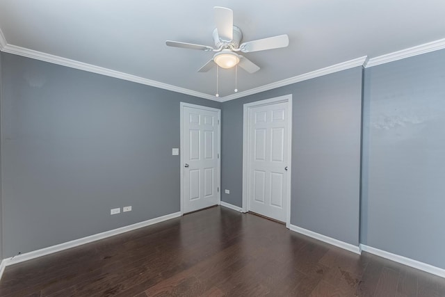unfurnished bedroom featuring baseboards, wood finished floors, ornamental molding, and a ceiling fan