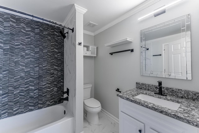 full bath featuring toilet, ornamental molding, marble look tiles, baseboards, and shower / bathtub combination with curtain