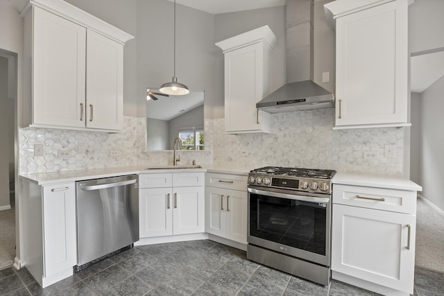 3132 Ollerton Ave, Aurora, IL 60502 - kitchen featuring appliances with stainless steel finishes, wall chimney range hood, a sink, and light countertops