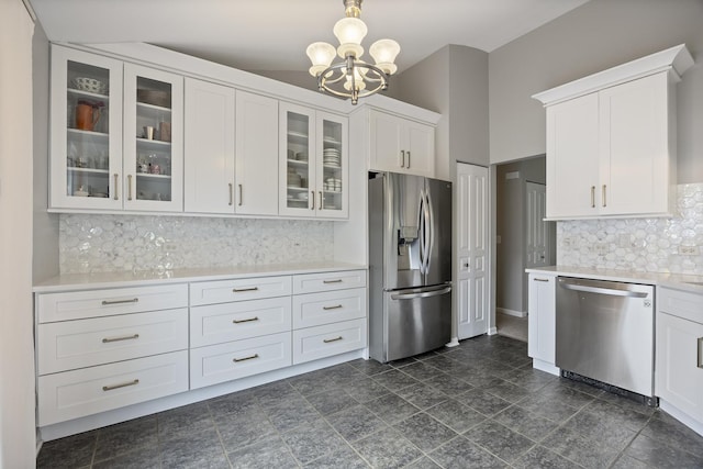 3132 Ollerton Ave, Aurora, IL 60502 - kitchen featuring stainless steel appliances, light countertops, white cabinetry, a chandelier, and glass insert cabinets