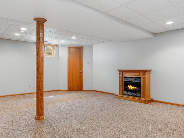 1936 Sybil Dr, Crest Hill, IL 60403 - basement with a drop ceiling, carpet floors, baseboards, recessed lighting, and a warm lit fireplace