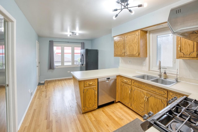 5416 N Neva Ave, Chicago, IL 60656 - kitchen featuring stainless steel dishwasher, a sink, a peninsula, light wood-style floors, and ventilation hood