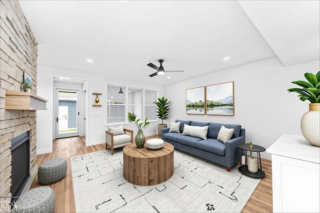 715 N Brainard St, Naperville, IL 60563 - living room featuring light wood finished floors, ceiling fan, a fireplace, and recessed lighting