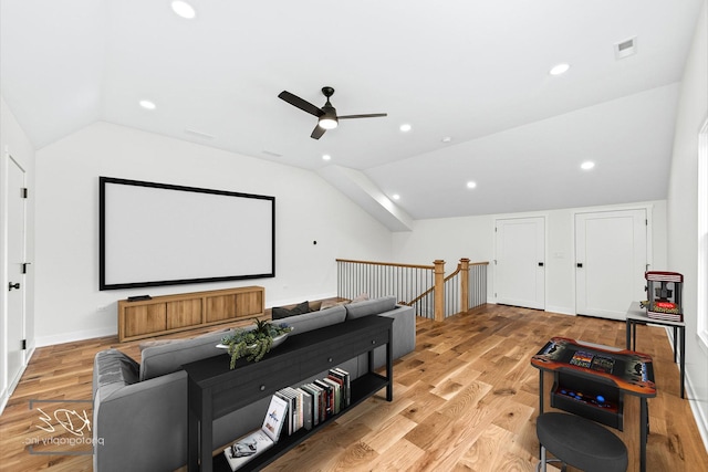 715 N Brainard St, Naperville, IL 60563 - cinema room featuring lofted ceiling, ceiling fan, light wood-style flooring, and recessed lighting