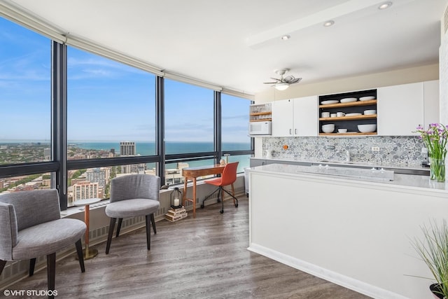5415 N Sheridan Rd Unit 5011, Chicago, IL 60640 - kitchen with open shelves, a water view, white cabinetry, backsplash, and wood finished floors